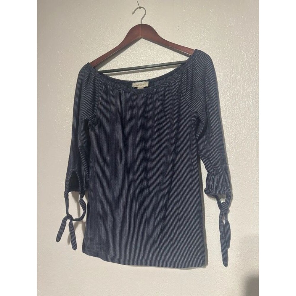 Charlie Paige Navy Blue Off-The-Shoulder Textured Blouse Ribbed Tie Sleeve S/P